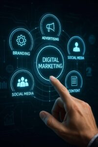 "What is digital marketing? Illustration showing digital marketing concepts including branding, advertising, social media, and content marketing on a futuristic digital interface."