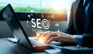 What Is SEO and How Does It Work? Business professional optimizing a website on a laptop with SEO icons representing search engine optimization, keyword research, and digital marketing strategies."